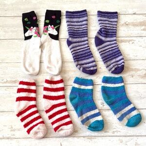 Women’s Fuzzy Winter Socks Bundle Lot Set of 4 Candy Cane Stripes Unicorn Print